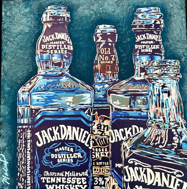 Whiskey bottle “still life”, original piece, 12 inch x 12 inch canvas, acrylic