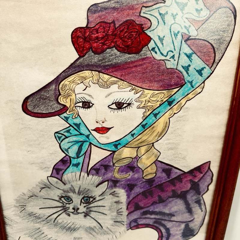 VTG Hand-Drawn Victorian Style Portrait Caricature Color Woman w/Cat Signed 1988 gallery