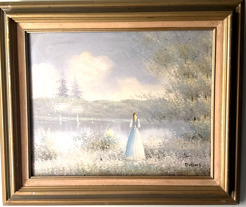 Vintage Pierre DuBois Oil Painting Lady on Lake Sailboat Ornate Gold Frame 26×22