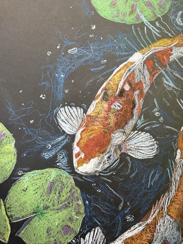 Original Koi Fish Oil Pastel Painting Framed Fine Art Pond Lily Pad 18x24” gallery
