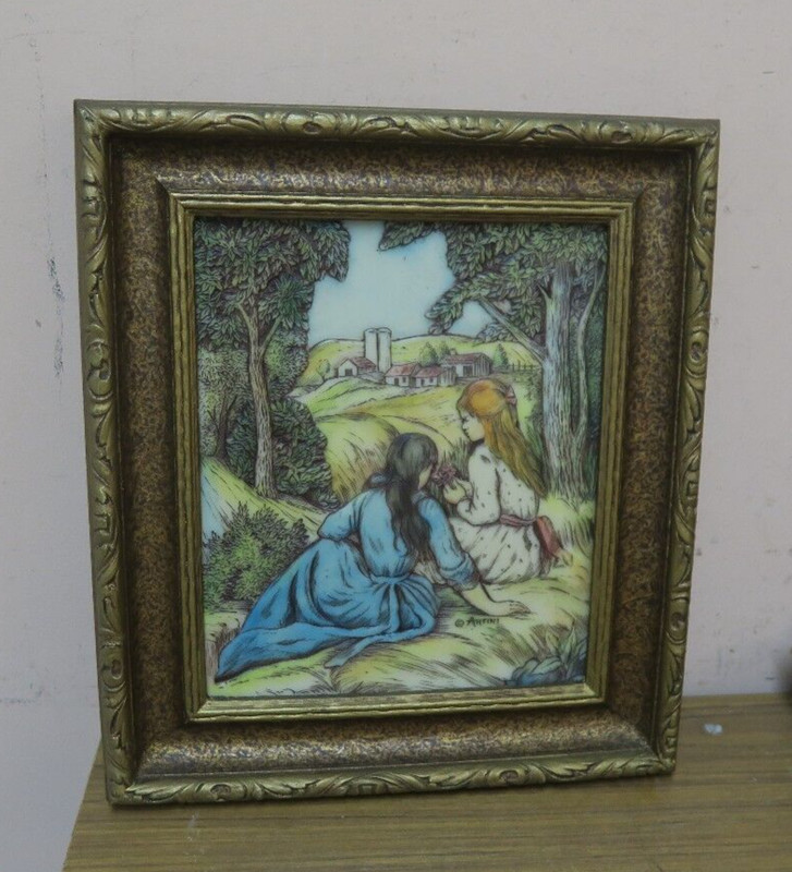 Vintage Artini 3D 3 Dimensional Engraving Original Frame 7.5″x 9.5″ Girls Meadow