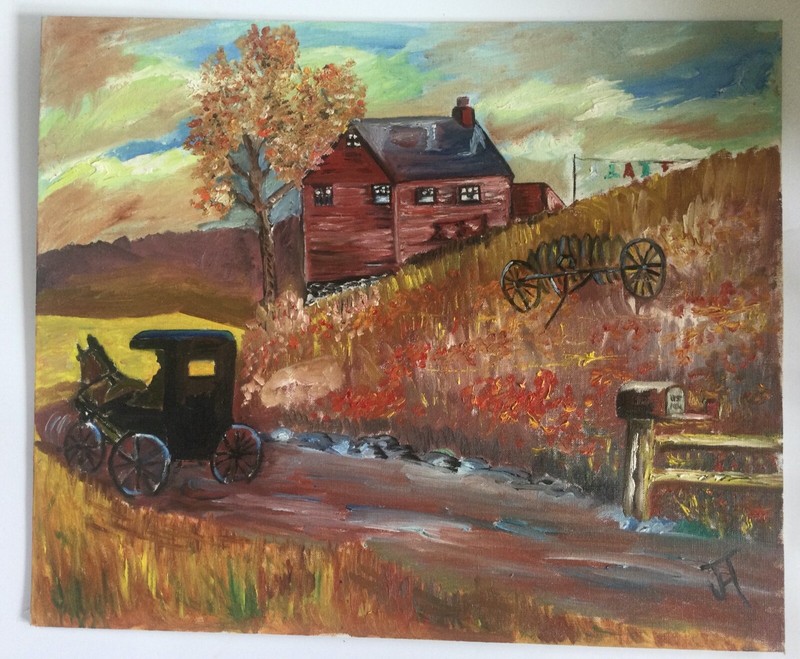 Vintage Original Oil Signed – Horse Carraige Old Homestead – Maine Estate