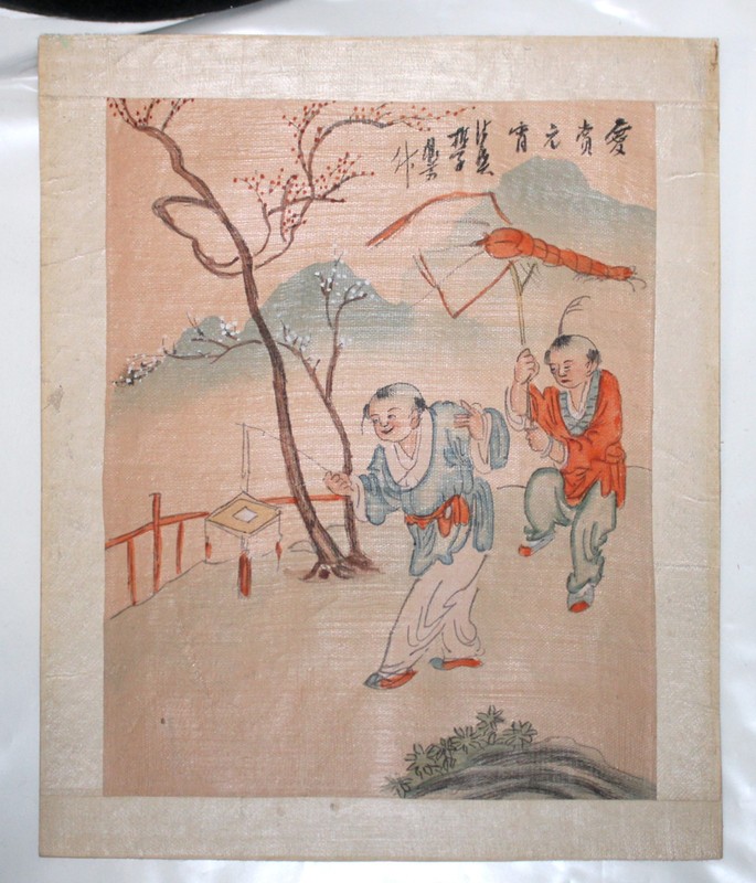 Chinese Painting on Silk Wise Man w Child & Flowers Signed w Calligraphy Antique gallery