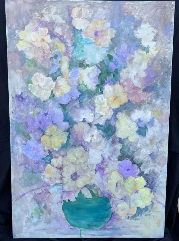 Vintage Oil Painting American Still Life Pastel Flowers Floral Art Susanne Brown