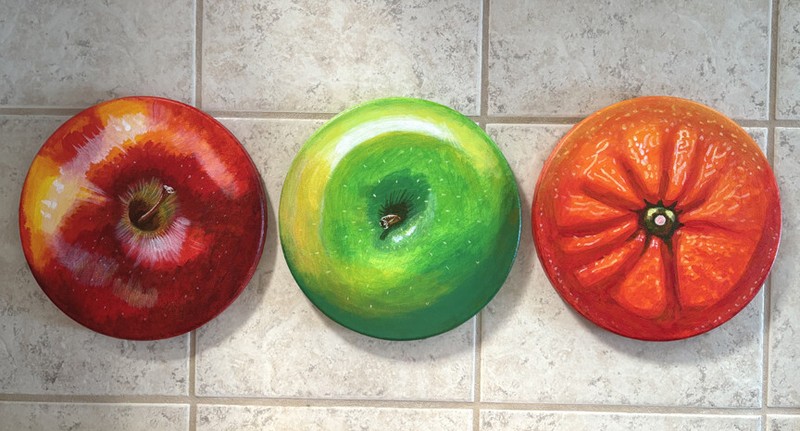 3 Fruits Set, Apple, Orange, Original Acrylic Paintings, Signed, Art, 10 inches