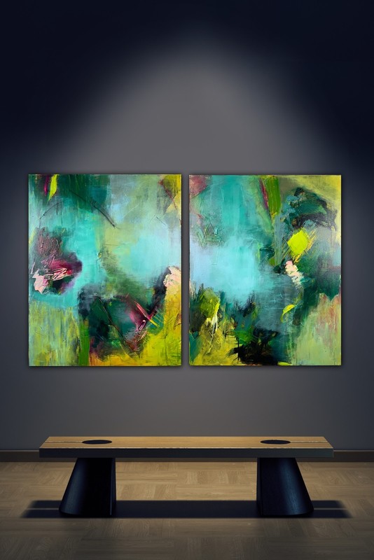 Original Signed Abstract Diptych Pamela Gene Miller Calm Series Acrylic Art