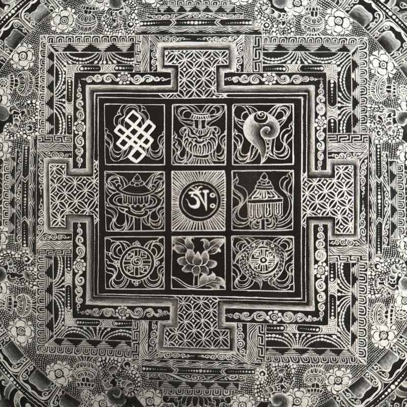 Master Quality Auspicious Silver Mandala, Sacred Thangka Painting for Meditation gallery
