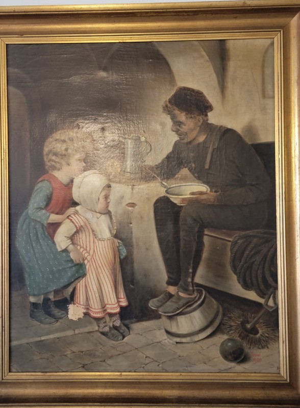 Trauc Family Scene Realism Framed Signed Painting on Canvas 1900, 27 x 21 inches
