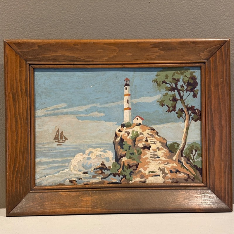 Vintage Paint By Number Lighthouse Seascape Art Award SA‑8 10×14 Framed 1960s