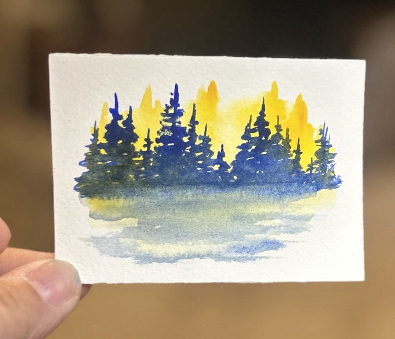 ACEO Simple Yellow And Blue, Original Watercolor Painting Landscape Sasha Lehto