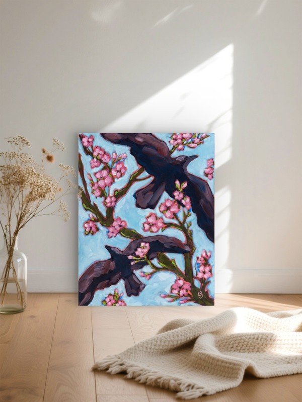 Original Painting, Crow Art, Crow Decor, Crow Painting, Cherry Blossom 11"x14" gallery