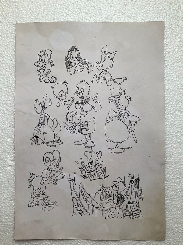 WALT DISNEY drawing and painting on old paper signed stamped vintage
