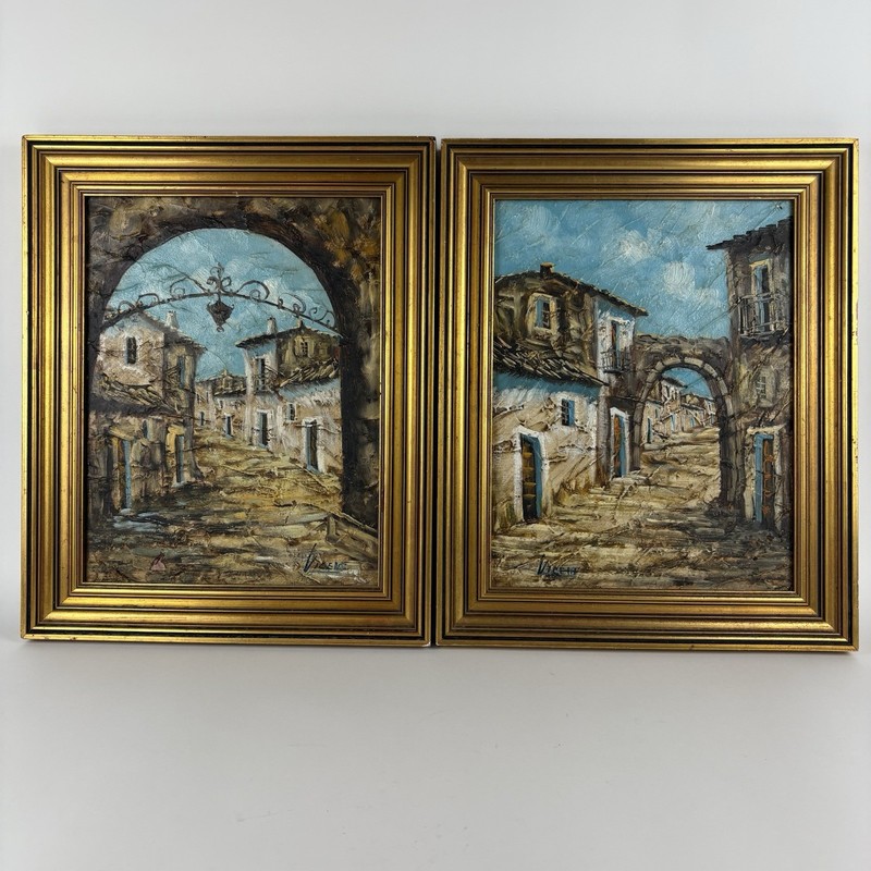 Vintage Framed Impasto Village Street Oil Paintings Signed Set of 2 Gold Frame