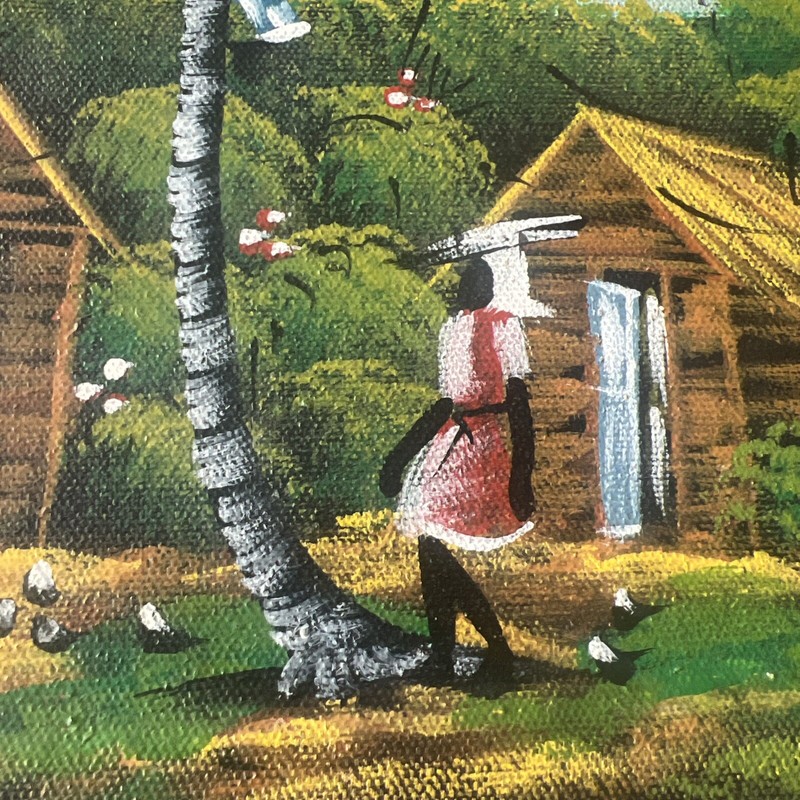 2 Vintage Haitian Genre Oils of wooden huts with people working illegibly signed gallery