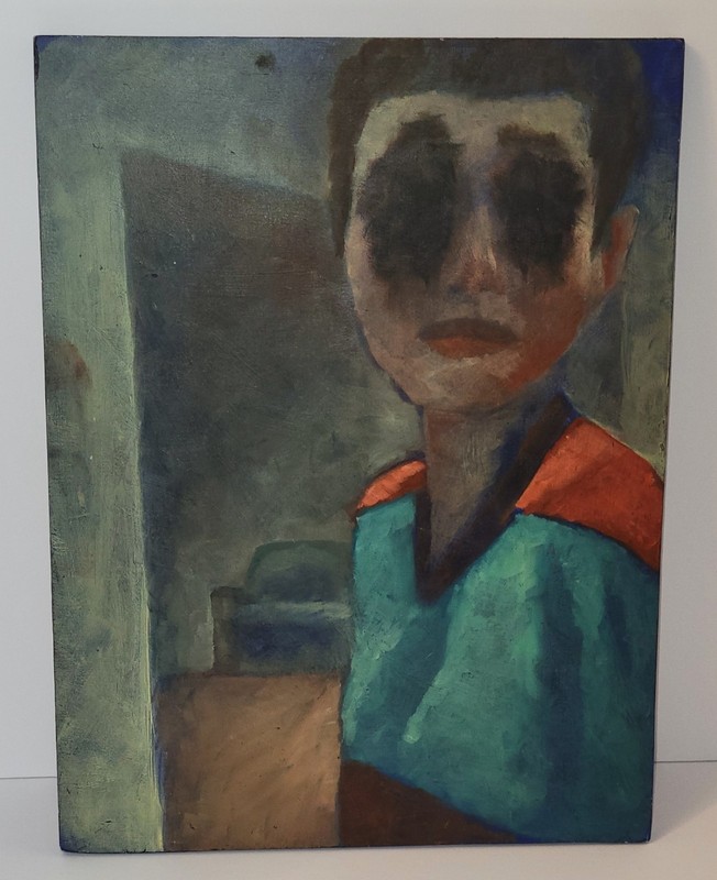 Unattributed PAINTING on BOARD Young Boy w/ Blacked Out Eyes #1579