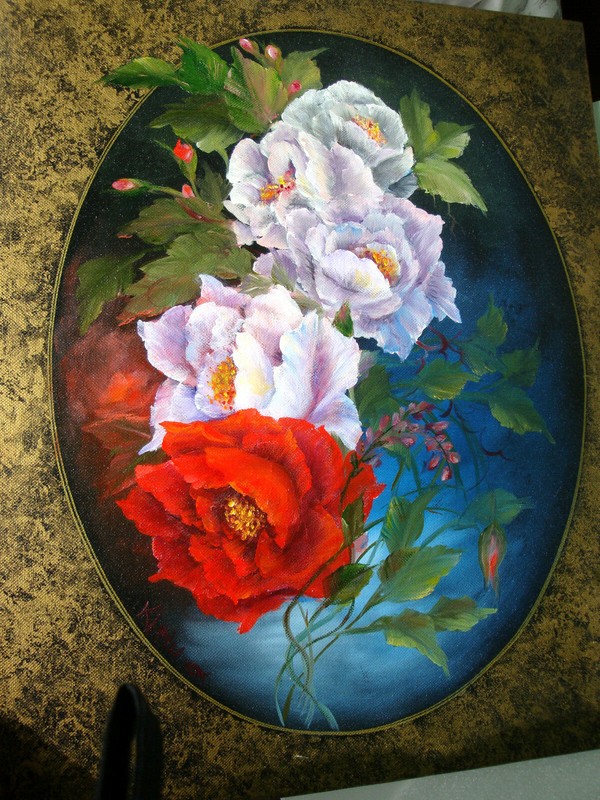 ROSES ON GOLD II 16×20 Floral Oil Canvas Original Artist Klein Chic Never Shabby