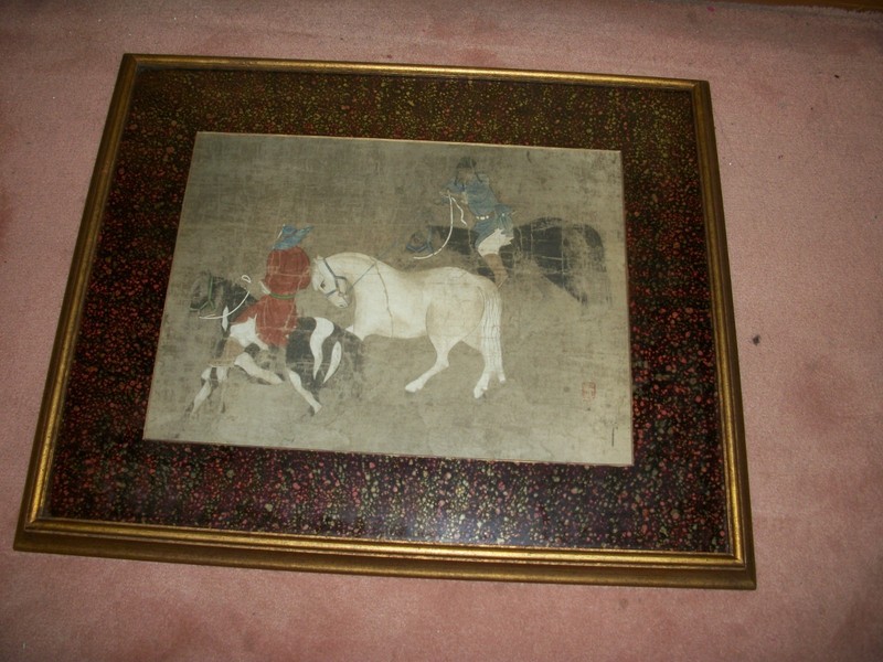 Antique CHINESE Lithograph/Painting MEN ON HORSES Framed-Signed FROM CHINA c1900 gallery