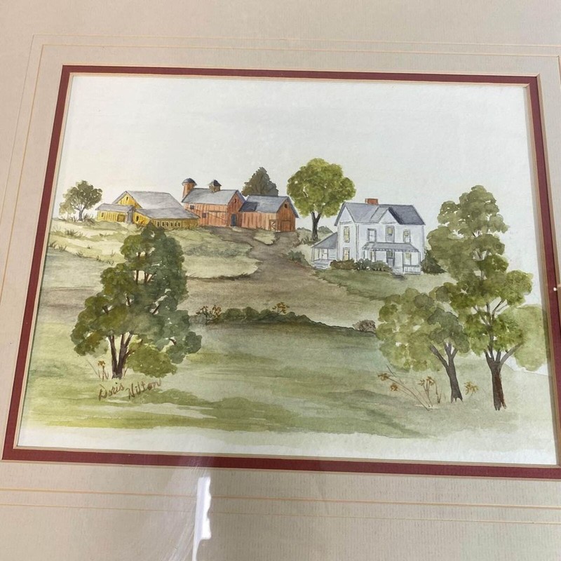 Beautiful Original Framed Watercolor Painting Farmstead Barns SIGNED by Artist