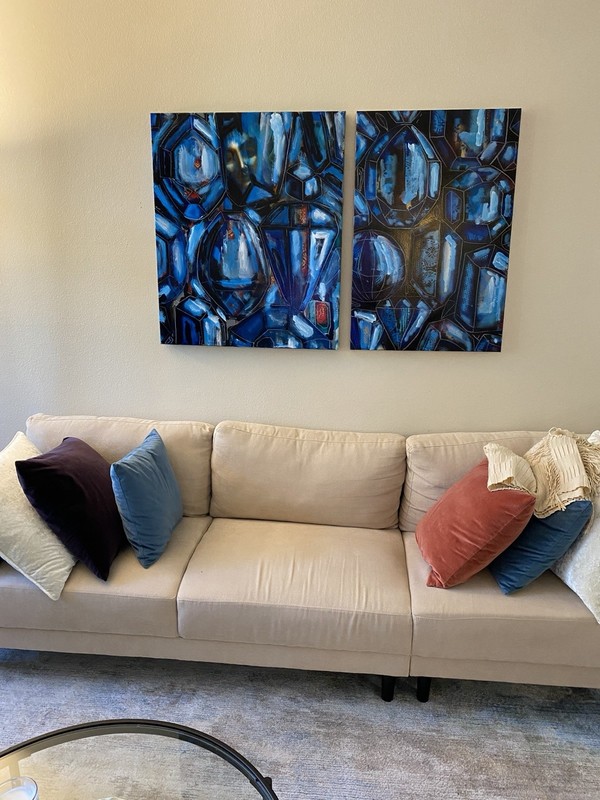 Abstract Modern Diptych Blue Painting on Canvas, Unframed, Medium