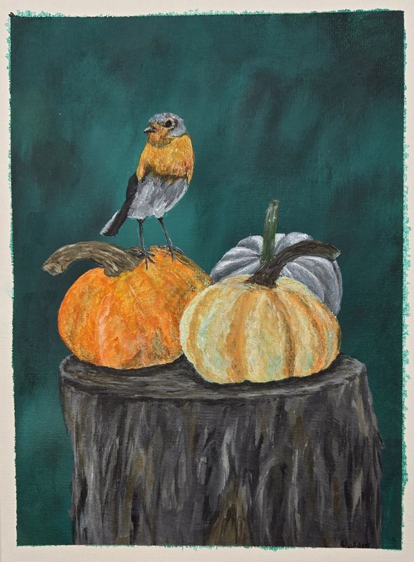Original Acrylic Painting Bird and Pumpkins 9×12 Autumn Fall Nature Art Canvas