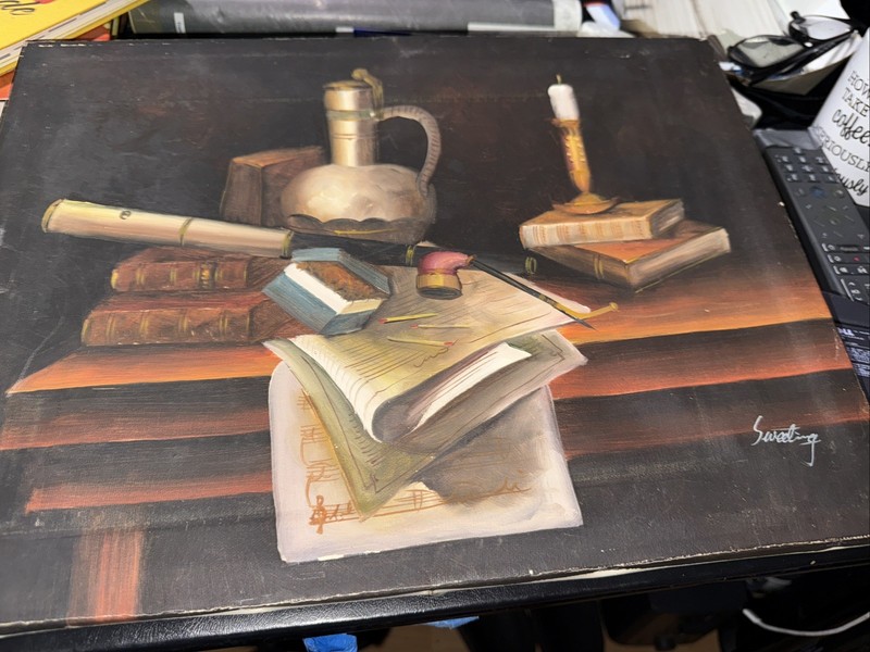 California ARTIST SWEETING CANDLE AND WINE OLD BOOK GENRE OIL VINTAGE PAINTING