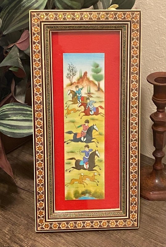 Persian Hand Painted Camel Bone Artwork in Wood Khatam Marquetry Frame Folk Art
