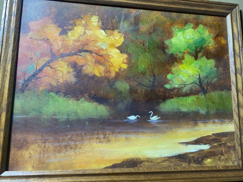 Vintage "Swans In Lake And Landscape Scene" Oil Painting - Framed gallery