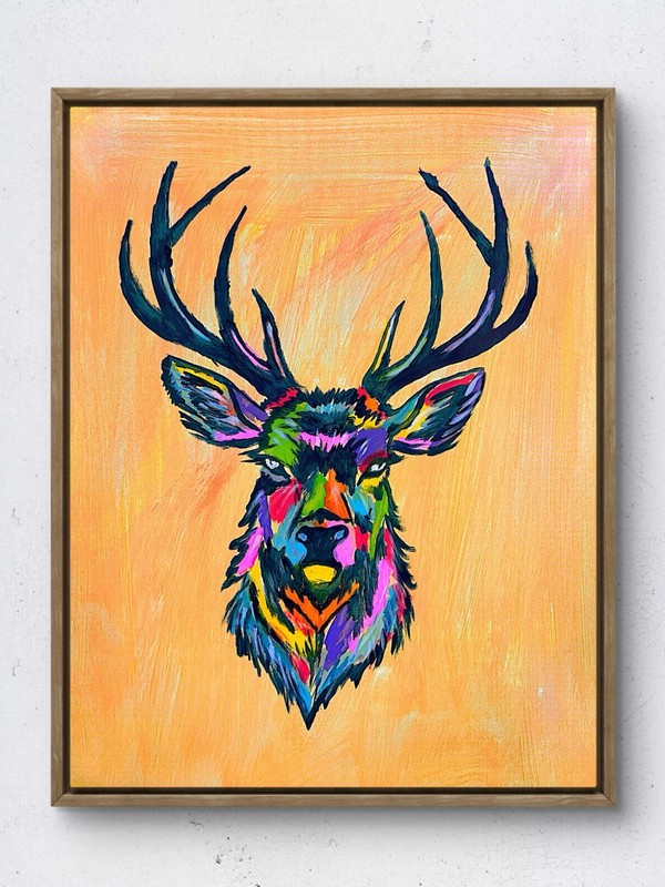 Original Signed 11×14 Abstract Expressionist Deer Acrylic Painting Bold Colors