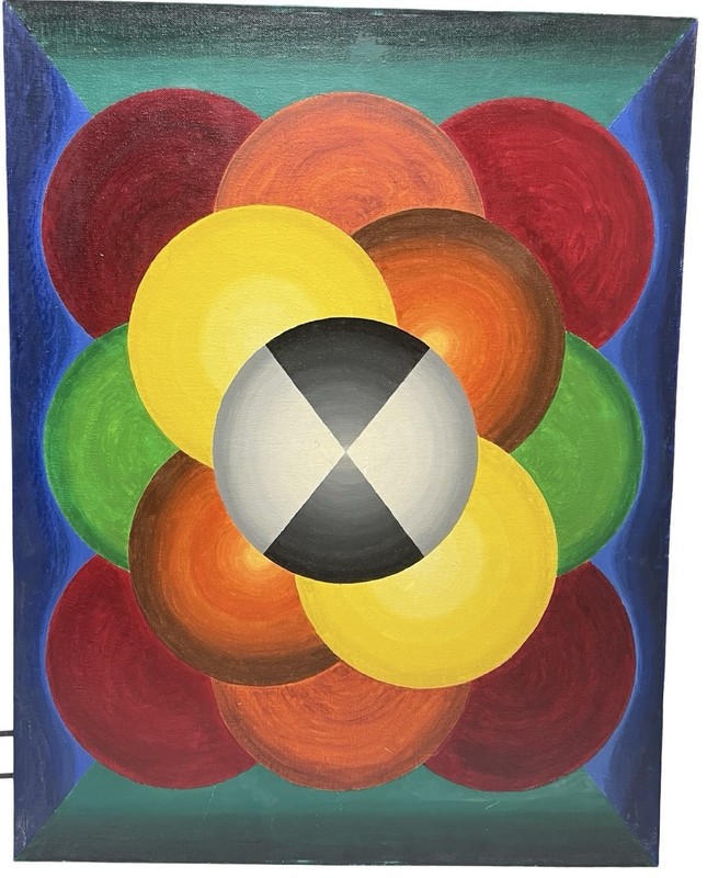Vintage Abstract Art 1980 Hard Edge Oil Painting on Canvas Board Unframed 22×28