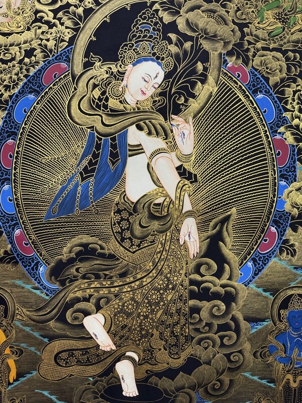 Silk Brocade Mounted Dancing White Tara Thangka, Bodhisattva of Longevity gallery