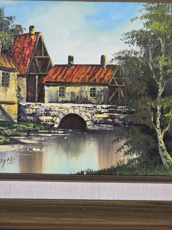 European Scene of Bridge, River & Buildings Oil Painting Signed 18 1/4" X 16.5" gallery