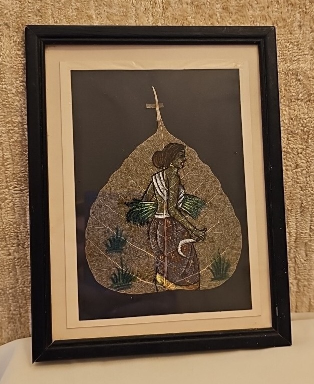 PIPAL TREE LEAF ORIGINAL HANDPAINTED IN OIL GIRL CUTTING GRASS FRAMED