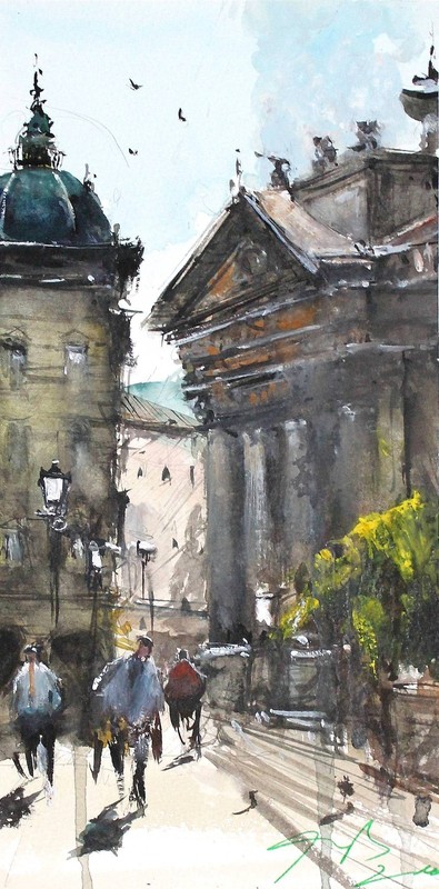 ORIGINAL PAINTING WATERCOLOR KARLOVY VARY CITY ARCHITECTURE CITYSCAPE 13.5×6 in