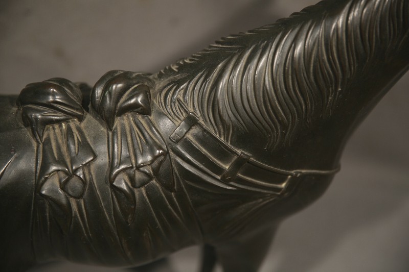 18th Century Chinese Animal Bronze Horse with Saddle Dark Brown & Green Patina gallery