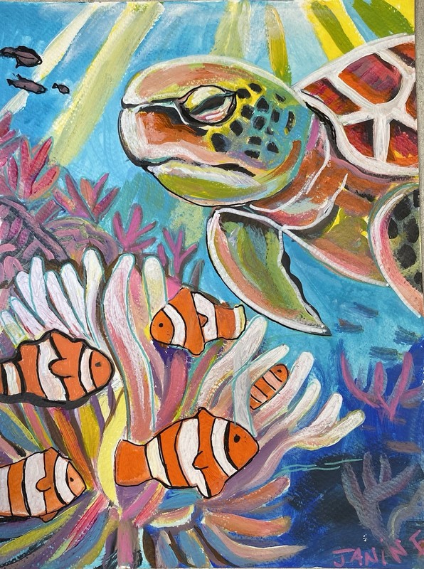 9×12”, Deep Sea Turtle In Coral Reef/ Mixed Media Paper, Signed By Janine, COA