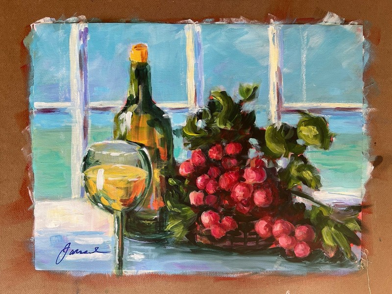 12x16 Original Painting Of Wine Bottle And Grapes On Unstretched Canvas Signed gallery
