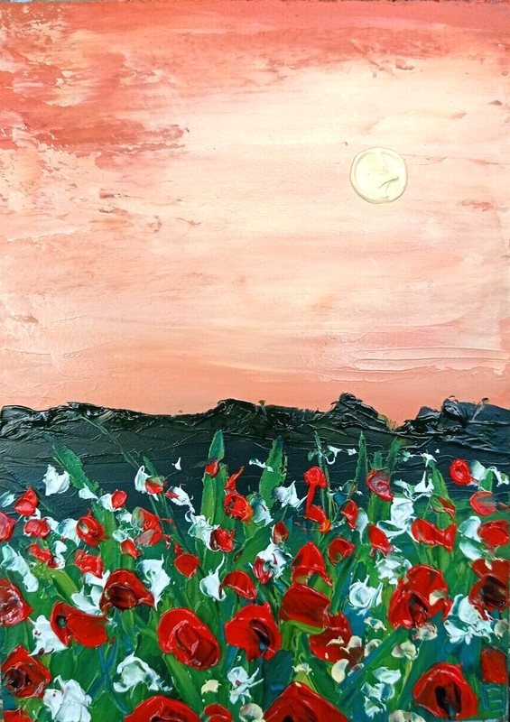 Original Art Poppies Field Sunset Wildflowers Field Oil Painting Landscape 7×5″