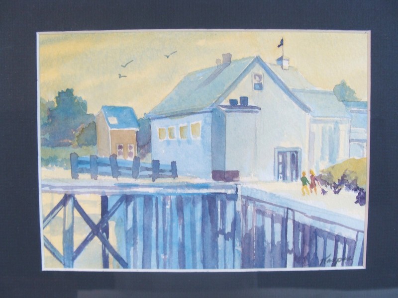 20C Signed Dock Scene Woman & Dog W/C Painting