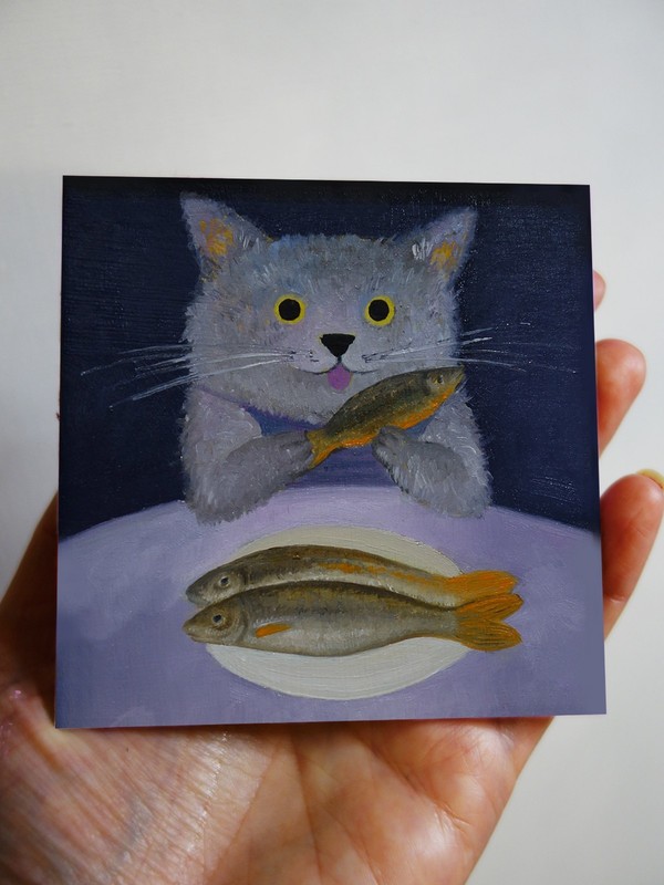 Cat Eat Fish Oil Painting, European Fine Art, Tiny Pet Portrait