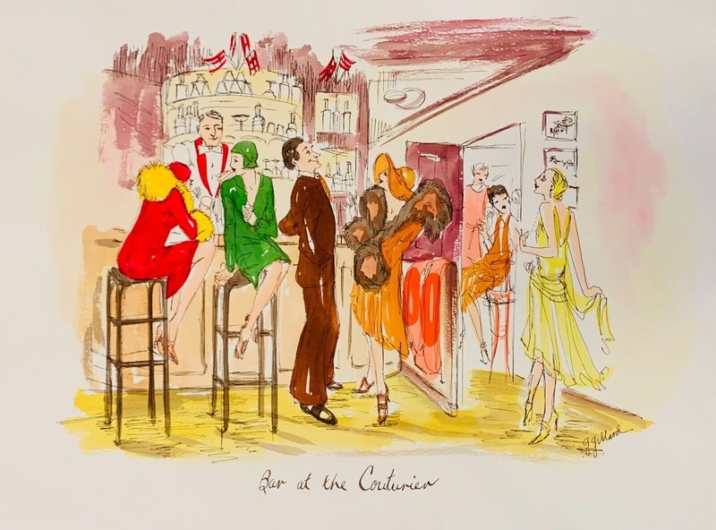 G GILLARD «BAR AT THE CORTURIER» ORIGINAL MONOTYPE WATERCOLOR ON PAPER H/SIGNED