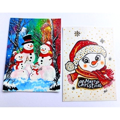 02 Pcs ACEO Original Christmas Snowman Acrylic Hand Painting Gift Art Set New gallery