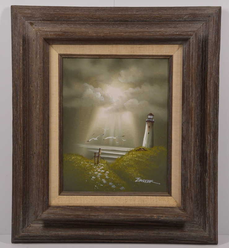 Vintage Lighthouse Original Oil Painting Signed Framed Ocean Beach Flowers Birds