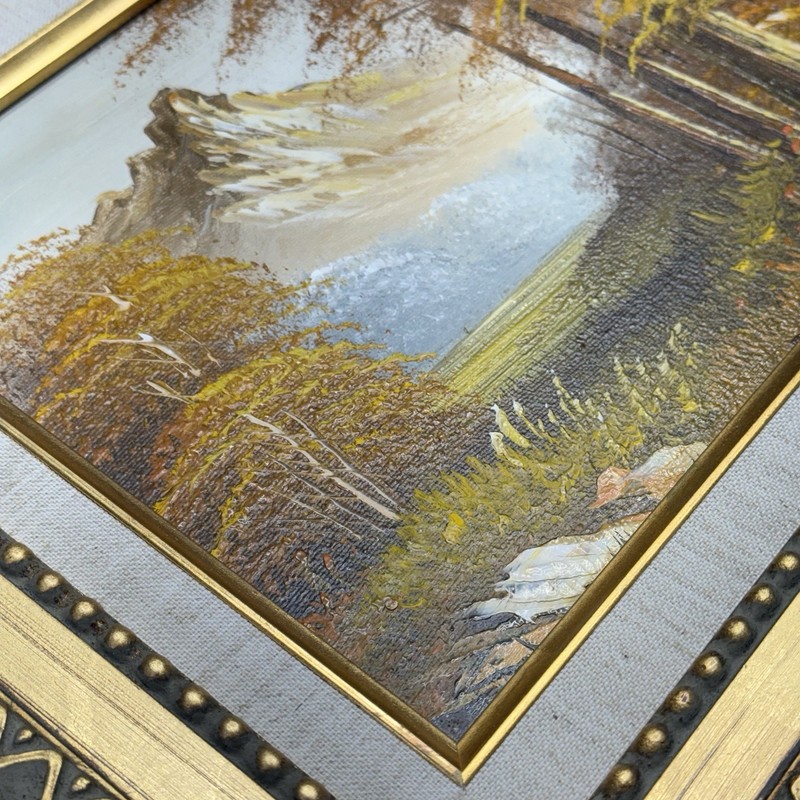Mountain Lakehouse Painting Autumn Trees 16x14 Gold Frame Signed OOAK READ gallery