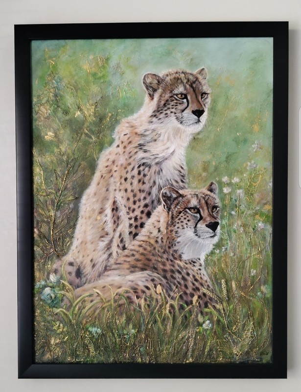Original Painting Cheetahs Mixed Media 18 x 24 Canvas Wall Decor