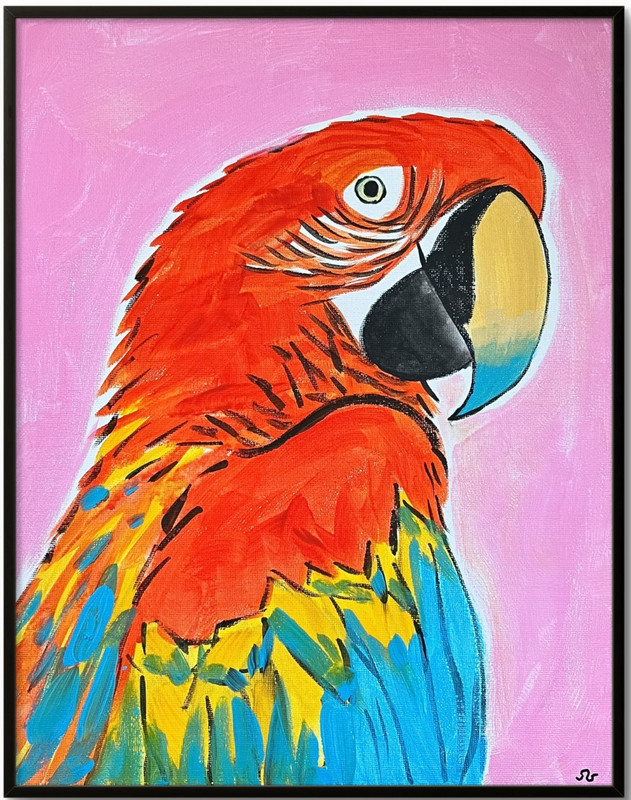 Scarlett Macaw Original Acrylic Painting Tropical Bird Art 11×14 Sienna Gold