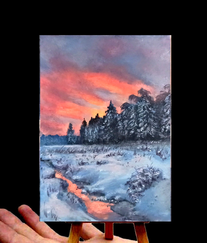 Original Sunset ACEO Winter Snow trees landscape oil painting signed
