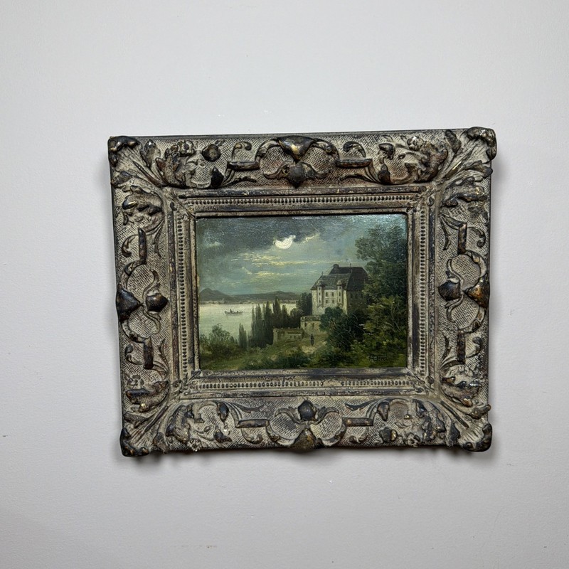 Antique 19th C Oil on Wood Panel French Moonlit Castle Landscape Painting Signed