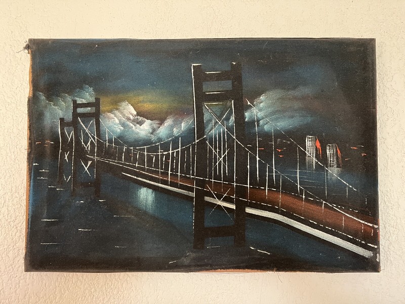 San Francisco Golden Gate bridge Old vintage black velvet oil painting art gallery