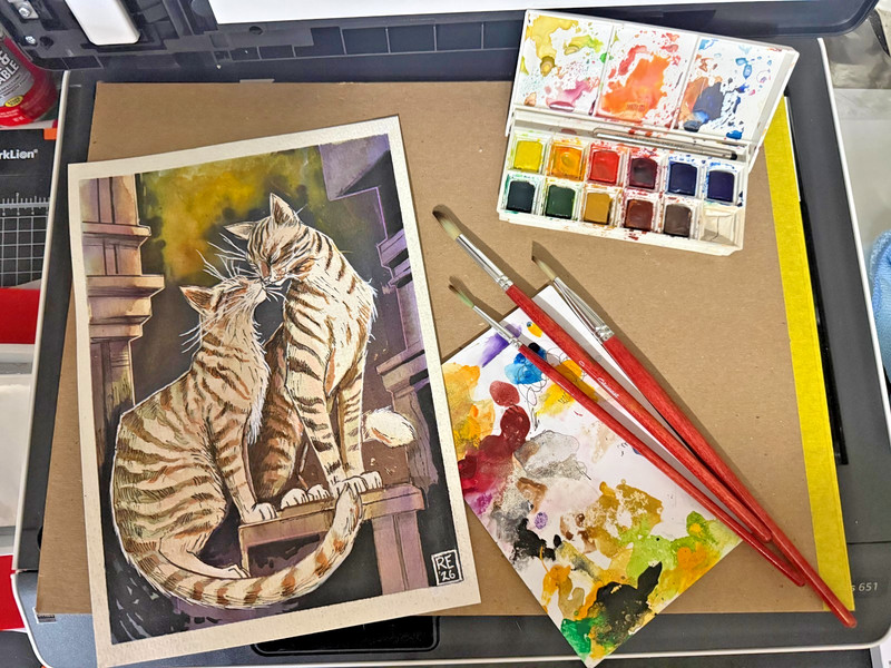 Original 7x10 Watercolor Ink Two Tabby Cats Love Art Roger Ealth 2026 gallery