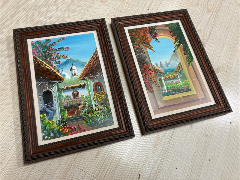 Beautiful Francisco Nava Finger Oil Painting Guanajuato On Tile Set Of 2 Look!!